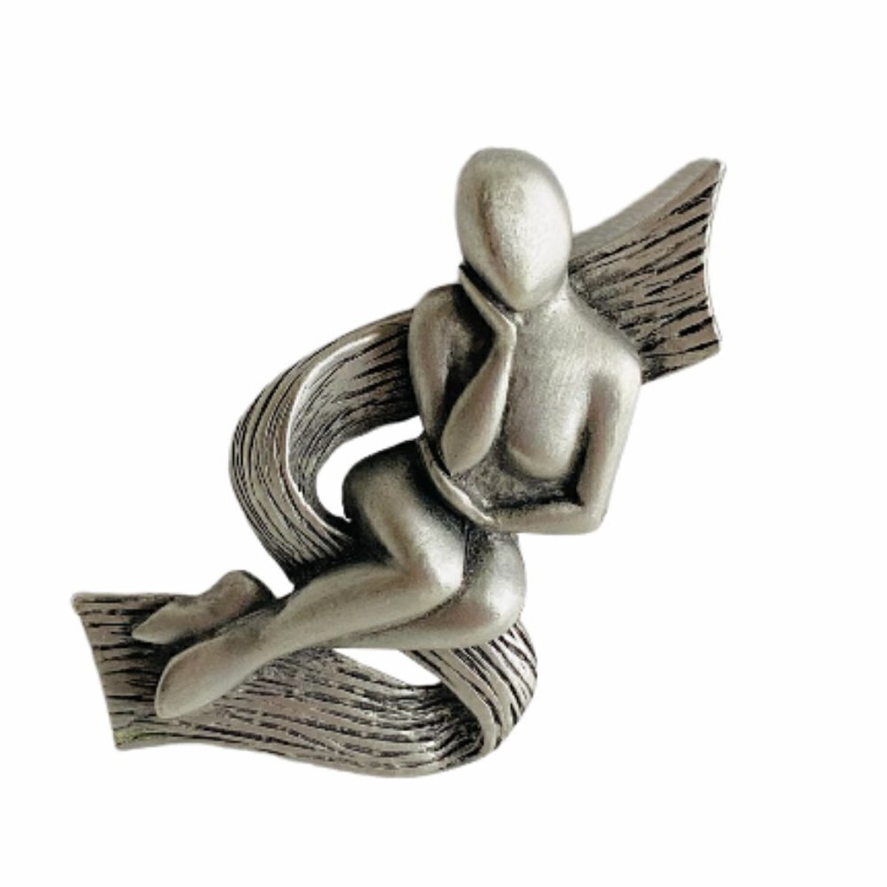 JJ Jonette Vintage Pewter Thinking Lady Brooch